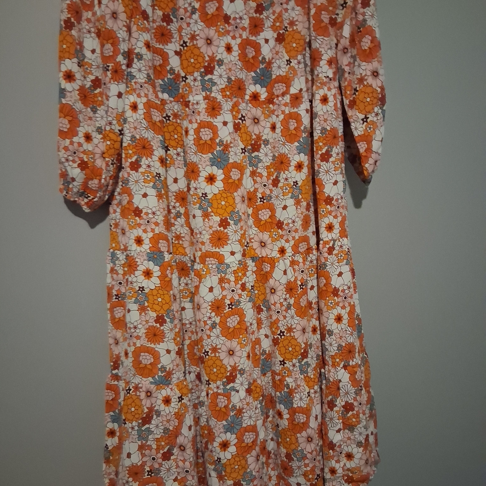 DOKOTOO- Floral Orange Midi Dress with Tiered Skirt - Picture 3 of 9